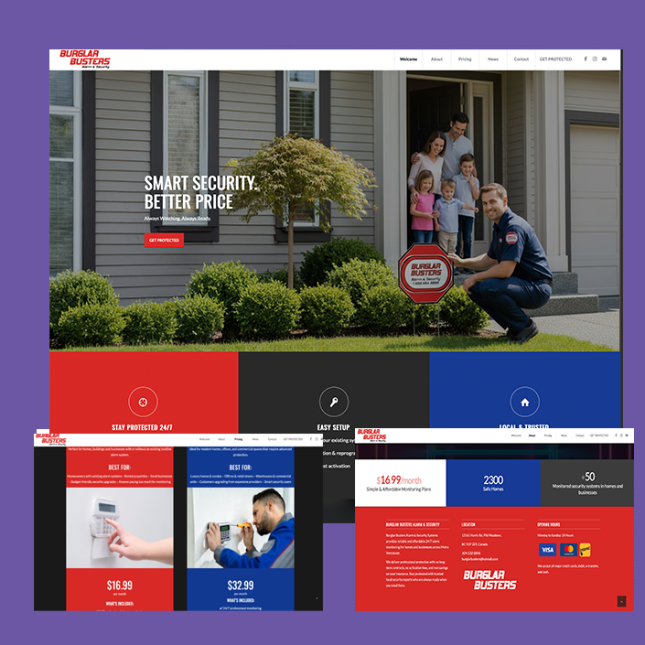 Professional web design and corporate branding for a Canadian security firm, featuring a clean layout, integrated pricing tables, and high-quality lifestyle imagery designed by Ugoki.